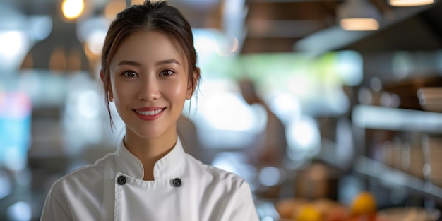 Photo asian woman chef portrait at restaurant kitchen