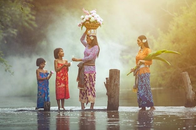 Asian woman and child Thai traditional culture