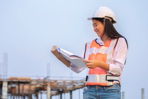 Asian woman civil engineer paper plan building architect wearing white safety helmet