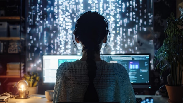 Photo asian woman coding ai data mining project remotely