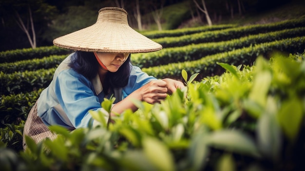 アジアの女性が緑茶の葉を集める