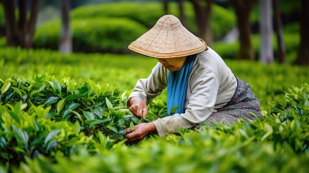 アジアの女性が緑茶の葉を集める