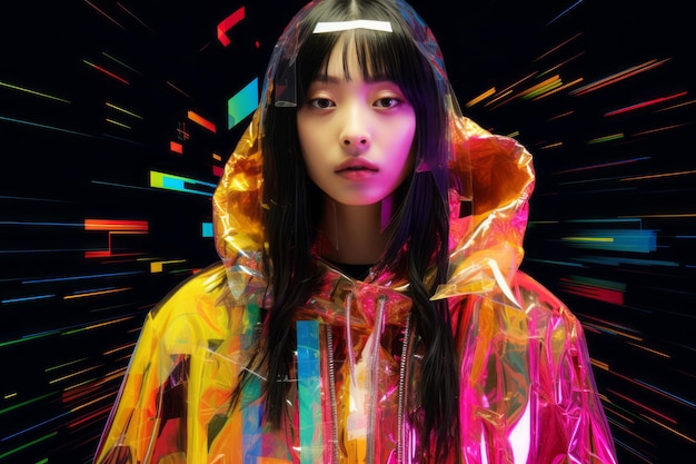 Photo an asian woman in a colorful raincoat