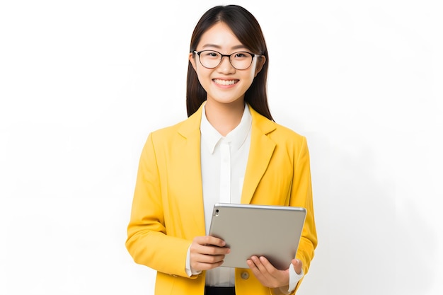 asian woman company worker in glasses smiling and holding digital tablet isolated on white