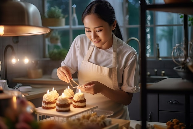 asian woman cooking sweets for the family