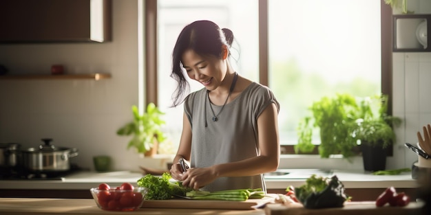 아시아 여성은 집에서 맛있는 음식을 요리합니다.