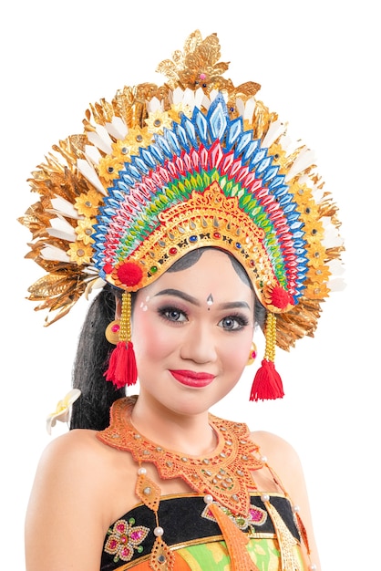 Asian woman dancing Balinese traditional dance isolated