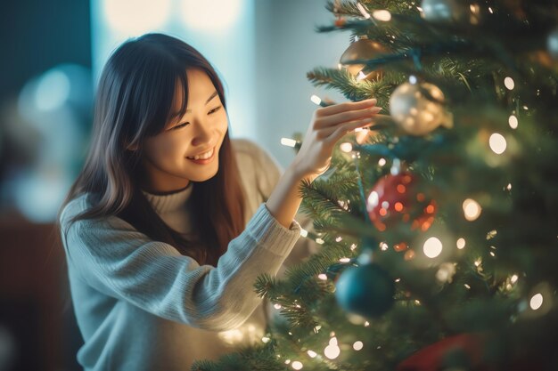 사진 크리스마스 트리 겨울 시간 그림을 장식하는 아시아 여자