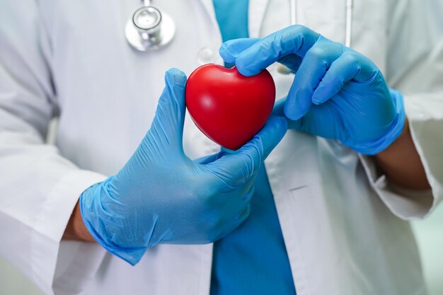 Asian woman doctor holding red heart for health in hospital