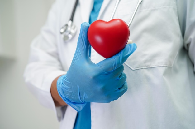 Asian woman doctor holding red heart for health in\
hospital