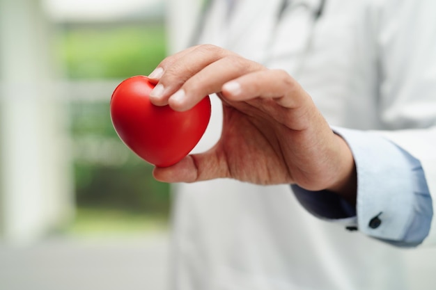 Asian woman doctor holding red heart for health in hospital