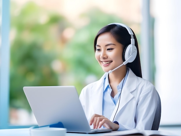 아시아 여성 의사가 컴퓨터 화면에서 온라인 환자와 대화하며 가정 건강 치료에 대한 온라인 상담을 제공합니다.