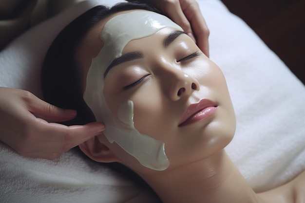 an asian woman doing facial