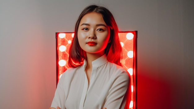 Азиатка делает терапию красным светом с панелью генеративного ИИ