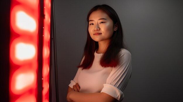 Photo asian woman doing red light therapy with panel generative ai