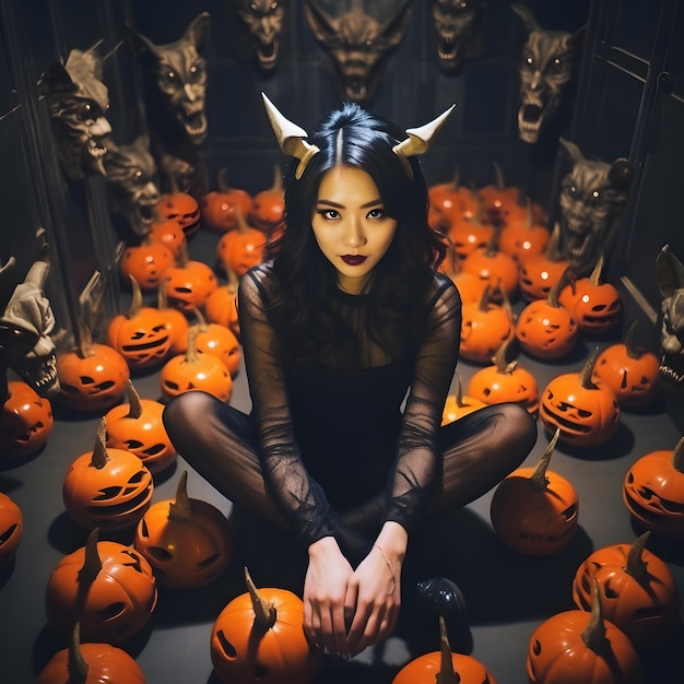 Asian woman donning devil horns in a Halloween outfit set against the backdrop of a haunted house