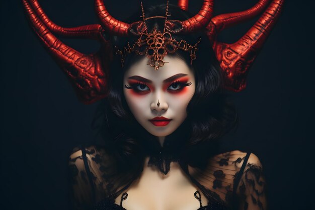 Asian woman donning devil horns in a Halloween outfit set against the backdrop of a haunted house