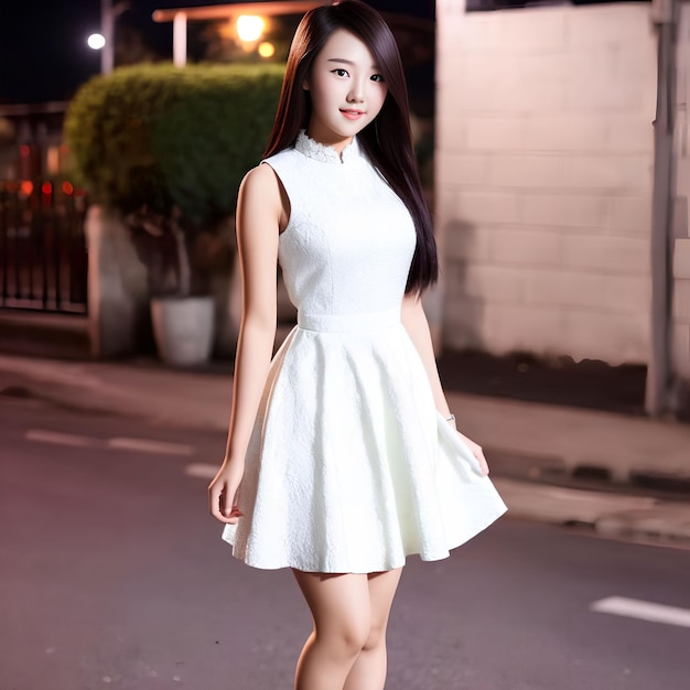 Азиатская женщина в платье, стоящая на улице ночью, генеративное искусство от AI