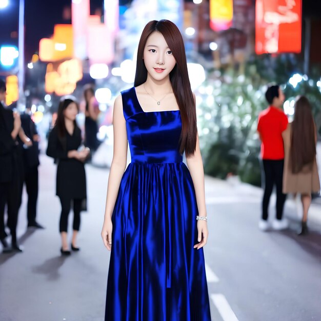 Asian woman in dress standing at the street night generative art by AI