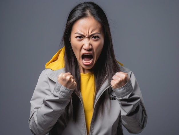 Photo asian woman in emotional dynamic pose on solid background