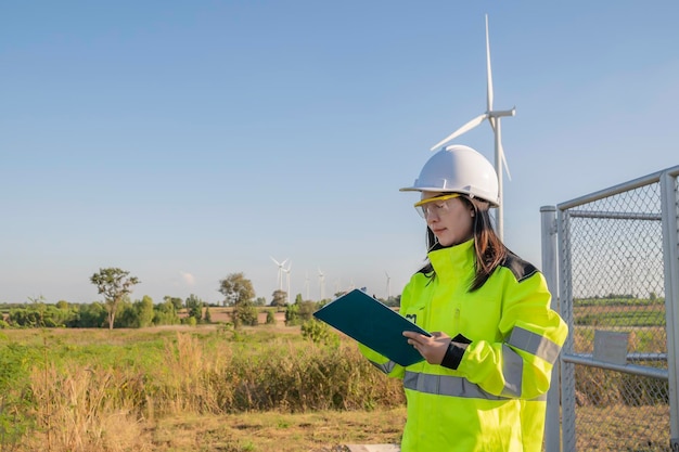 Asian woman engineers working and holding the report at wind turbine farm Power Generator Station on mountainThailand peopleTechnician at site of work