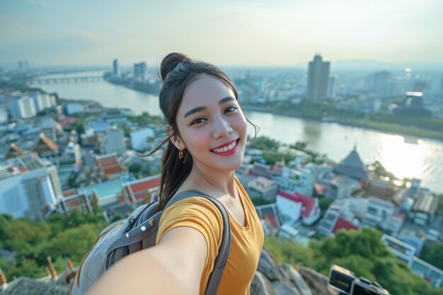 Asian woman enjoy urban lifestyle using cell phone taking selfie