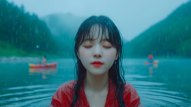 静かな湖の旅で雨を楽しんでいるアジア人女性