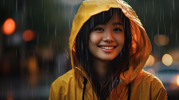 写真 雨を楽しんでいるアジア人女性