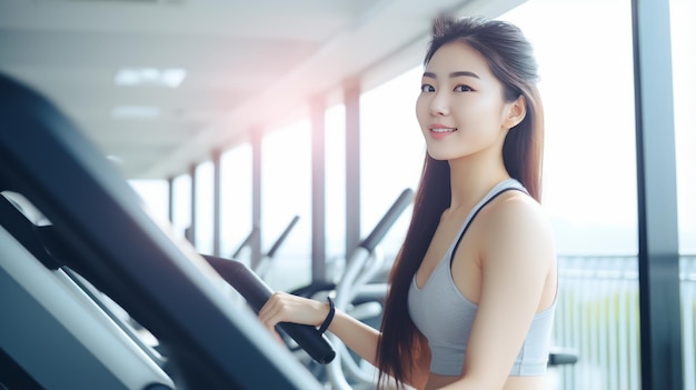 체육관에서 운동 하는 아시아 여자 피트 니스에서 젊은 여자 운동