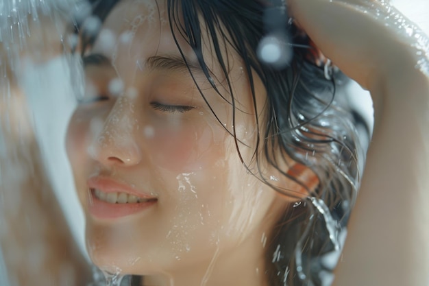 写真 アジアの女性の顔と笑顔は洗用の水でシャワーを浴び浴室の洗と衛生のルーティンです