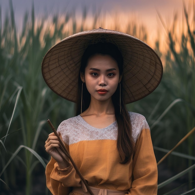 Asian woman farmer in straw hat