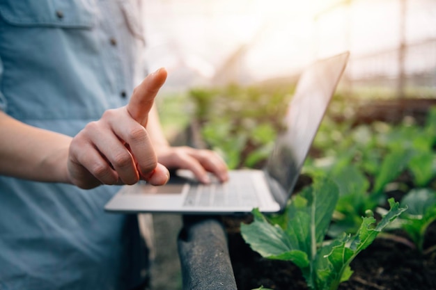 温室の菜園でデジタル タブレットを使用するアジアの女性農家 ビジネス農業技術コンセプト品質スマート農家