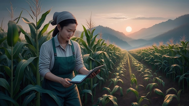 Asian woman farmer with digital tablet in corn field beautiful morning sunrise over the corn field