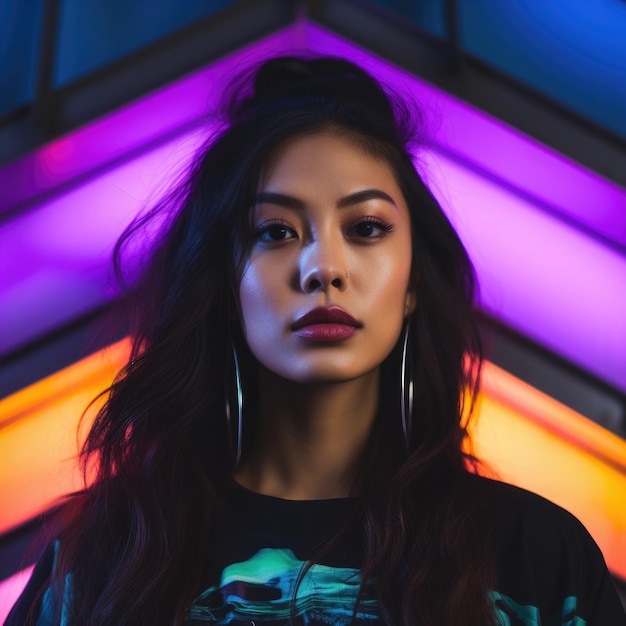 Asian woman fashion portrait on abstract colorful background Female model looking at camera neon colored lighting Created with Generative AI