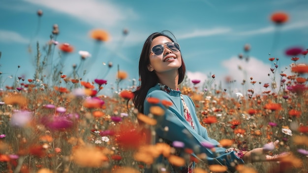 A Asian woman in a field of flowers Generative AI