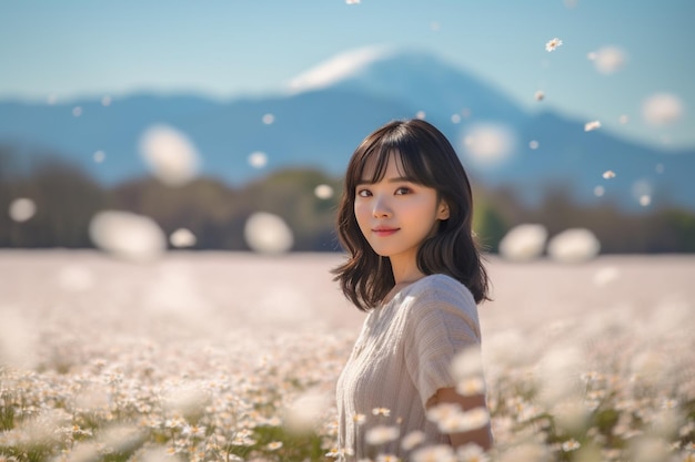 Asian woman in a field of flowers with a mountain in the background