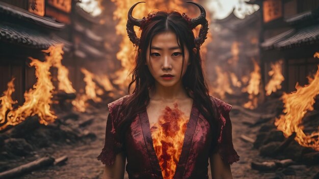 Foto la donna asiatica in fiamme sullo sfondo molto figo