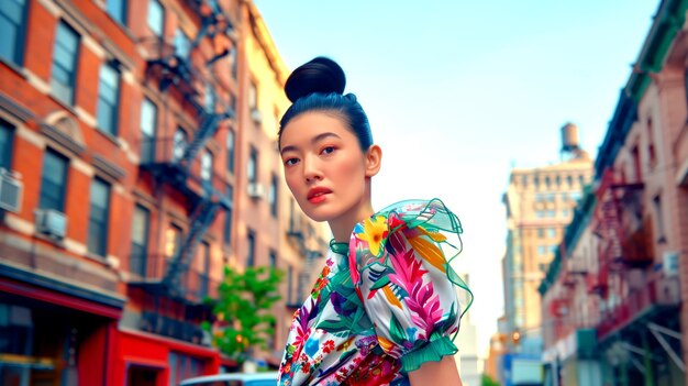 Photo asian woman in floral print top