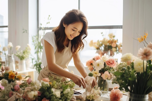 Asian woman florist creating wedding bouquet in flower shop Small business Generative AI illustration