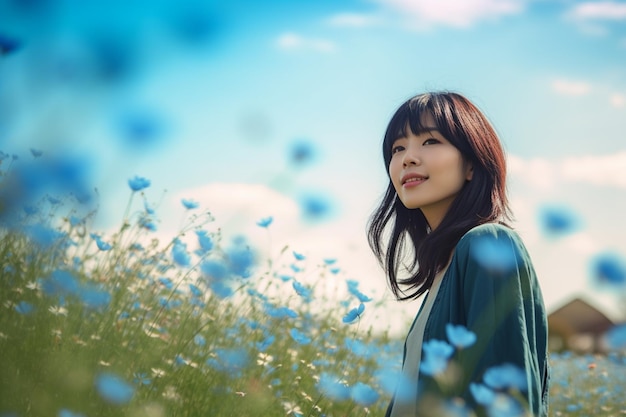 Asian woman in flower field with blue sky