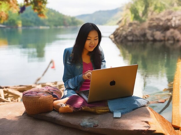 An asian woman freelancer working on a laptop beside of lake