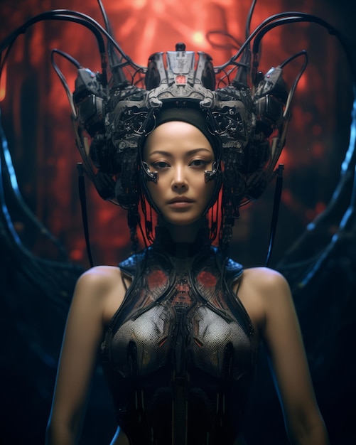 An asian woman in a futuristic outfit