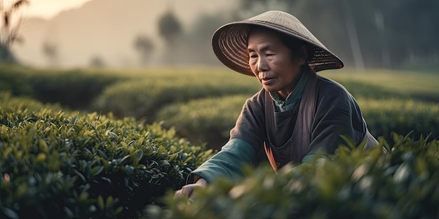 Asian woman gardener collects fresh tea leaves at dawn Generative AI