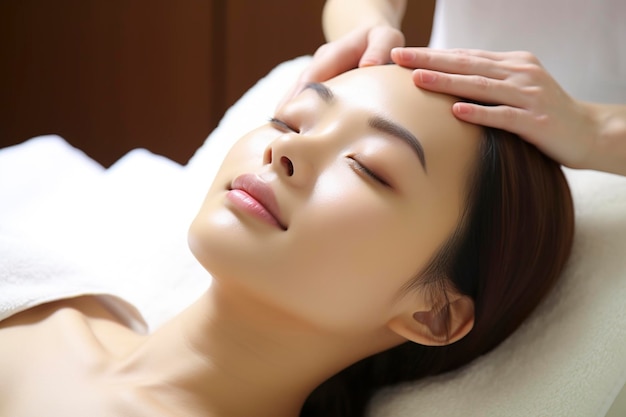 Asian woman getting face massage in beauty spa