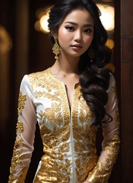 골든 케바야를 입은 아시아 여성