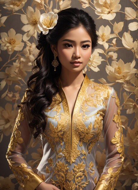 Photo asian woman in golden kebaya