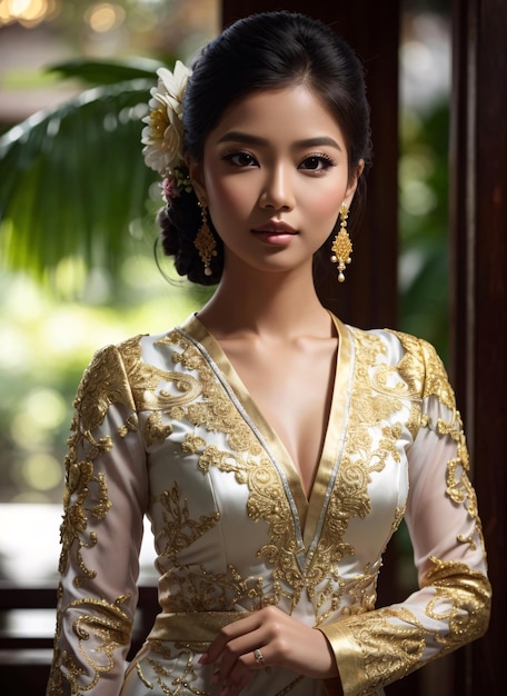 Foto donna asiatica in kebaya dorato