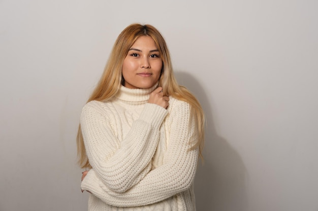 Asian woman on a gray background