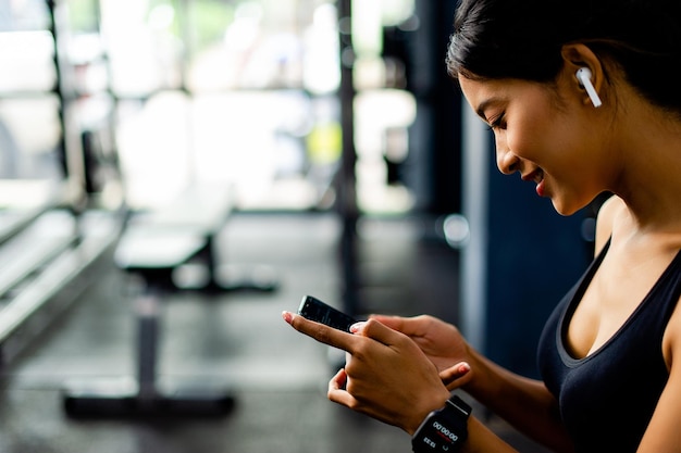 Asian woman in the gym and playing on the phone while listening to music before exercising in the fitness center