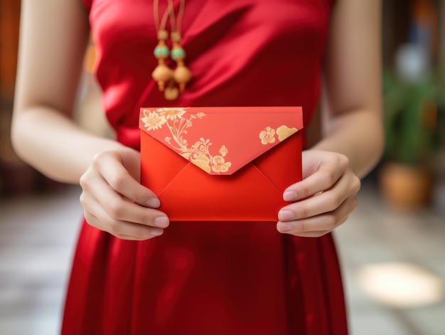 写真 アジアの女性が白い背景に赤い封筒を持つマンダリンドレスを着た手 中国の旧正月のコンセプト